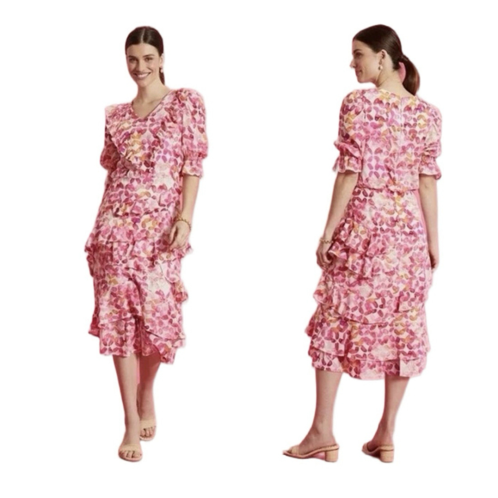 Tyler Boe Maxine Silk Tiered Ruffle Midi Dress Sz 6 Pink Floral Luxury $388
